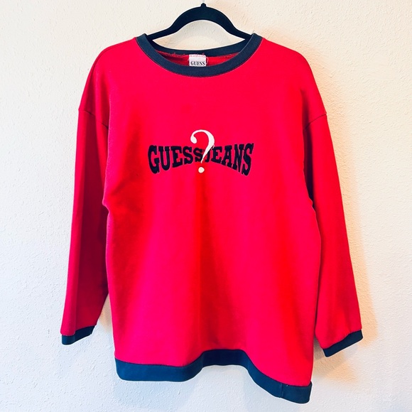 Vintage Guess 1990s Red Black Blue Crew Neck Sweater - Picture 1 of 10